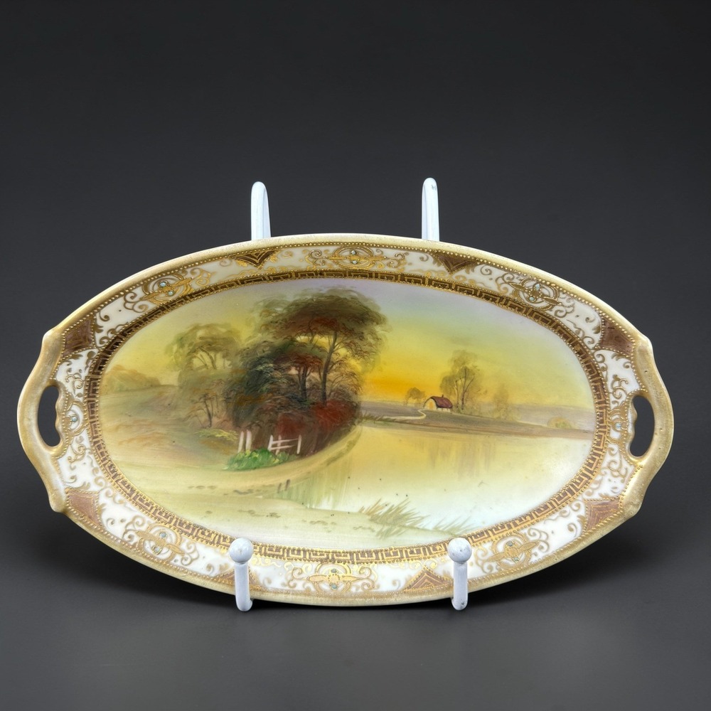 Nippon Hand Painted Celery Dish Oval Tray Gold Moriage Landscape Lake‎ Scene VTG